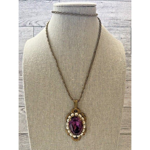 Rare Antique Signed Miriam Haskell Necklace Estate Amethyst Pearl Pendant Chain - Picture 4 of 16